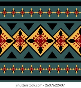 Delight Festive Geometric Brightly in The Dark Pattern. Traditional Tribal Delicate Handicraft Square Triangle Diamond Combine with Yellow Black Red on Deep Green Background Ethnic Elegance Decoration