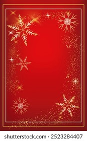 Delight Festive Red background Christmas frame border Card Vertical Glistening Snowflakes Copy space greeting text Holiday design New year mood December winter ornament Golden bright Birthday Holiday