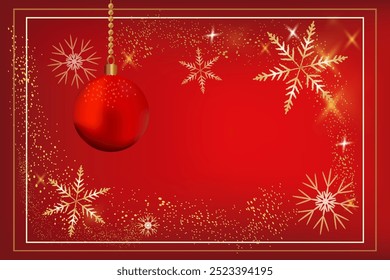Delight Festive Red background Christmas frame border Horizontal card Glistening Snowflakes Copy space greeting text Holiday design New year mood December winter ornament ball Holiday mood Xmas time