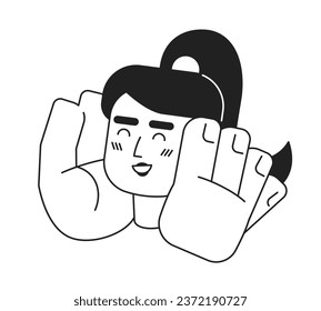 Delight girl monochrome flat linear character head. Cheerful woman holding hands on cheeks. Editable outline hand drawn human face icon. 2D cartoon spot vector avatar illustration for animation