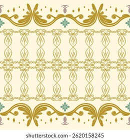 Delight Golden Ornament Filigree Wallpaper Texture Ancient Decoration. Arranged Scroll Leaves Ornament Luxury Geometric Border Seamless Pattern for Embroidery Fabrics Interior Decor Apparel Furniture