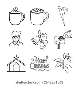 Delight in holiday treats and scenes like hot chocolate cocoa mug icicle jack frost jingle bells Santa mailbox manger and mistletoe Vector line art on white background.