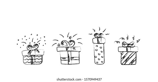 Delight present in gift box, birthday celebration. Outline in doodle style design element. Surprise box with bow drawn with charcoal lines stock vector illustration isolated on white background.