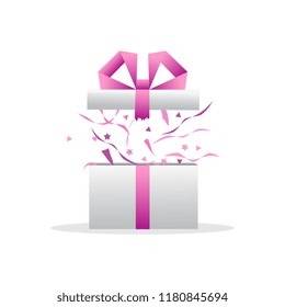 Delight present. Surprise concept. Gift box, birthday package. Vector illustration