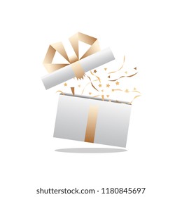 Delight present. Surprise concept. Gift box, birthday package. Vector illustration