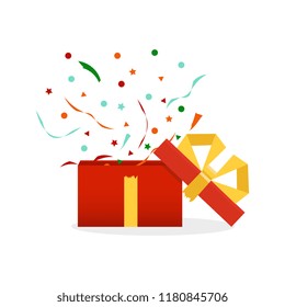 Delight present. Surprise concept. Gift box, birthday package. Vector illustration