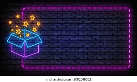 Delight present, surprise neon sign vector. Birthday celebration, special give away package design template neon frame. Night bright advertising, bright sign. Vector illustration