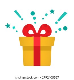 Delight present, surprise yellow gift box, birthday celebration, special give away package, loyalty program reward, wonder gift with exclamation mark, vector icon, flat illustration