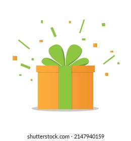 Delight present, surprise yellow gift box, birthday celebration, special give away package, loyalty program reward, wonder gift with exclamation mark, vector icon, flat illustration