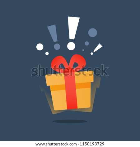 Delight present, surprise yellow gift box, birthday celebration, special give away package, loyalty program reward, wonder gift with exclamation mark, vector icon, flat illustration