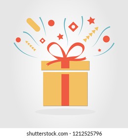 Delight present. Surprise yellow paper giftbox with red ribbon. Birthday or nameday party. Celebration event. Reward wonder box. Greeting concept. Vector isolated illustration.