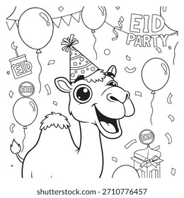 Deléitese con esta encantadora escena de fiesta de Eid con un camello feliz adornado con un sombrero festivo, rodeado de globos y confeti, perfecto para invitaciones, tarjetas de felicitación y actividades infantiles que celebran las fiestas islámicas.