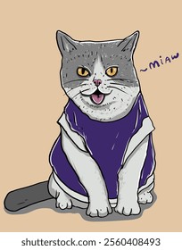 Delight in this charming hand-drawn illustration of a cat wearing a violet t-shirt. Perfect for cat lovers, unique gifts, and playful decor that adds character to any space!