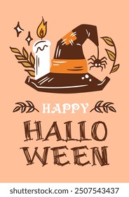 Delight in this Halloween art with a whimsical witch hat and a glowing candle for festive charm. Vector vintage illustration for posters, postcards, banners, flyer, party invitation