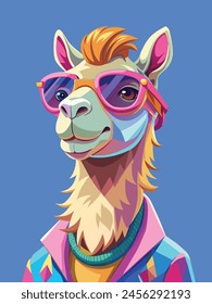 Delight in this vibrant graphic art of a cheerful llama or Camel sporting stylish sunglasses. Adorned with a colorful scarf,