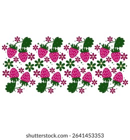 Delight in vibrant beauty of seamless strawberry floral pattern, featuring lush red strawberries with delicate flowers and green leaves, perfect for spring decor. 