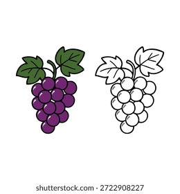 Deleite sus diseños con esta encantadora "Ilustración vectorial de uvas". Esta versátil Imagen presenta versiones en color y blanco y negro de un racimo de uva con hojas, perfecto para logotipos, marcas, materiales educativos y varios proyectos creativos. Su sencillez y elegancia lo hacen ideal para realzar cualquier diseño.