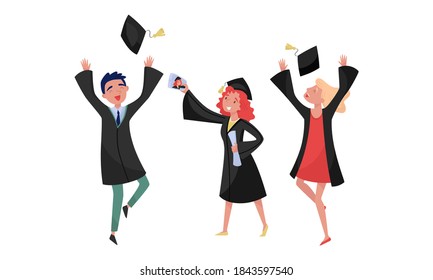 Delighted Boy and Girl Students in Academic Gown and Square Cap Cheering About Graduation Ceremony Vector Set