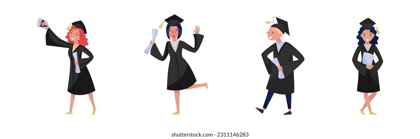 Delighted Boy and Girl Students in Academic Gown and Square Cap Cheering About Graduation Ceremony Vector Set