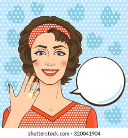 Delighted brunette woman showing her engagement ring, pop art comic style vector illustration. Curly dark hair woman smiling with speech bubble.