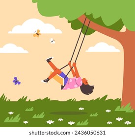 A delighted child swings playfully under a tree, surrounded by butterflies and flowers, captured in a cheerful vector illustration