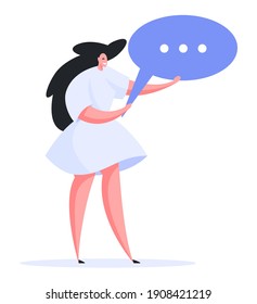 Delighted contemporary female in white casual dress friendly smiling and holding blue speech bubble while having conversation and making announcement