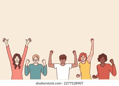 Delighted diverse people making victory gestures with hands enjoying joint success. Team of emotional people in casual clothes celebrating common victory or completion of difficult project