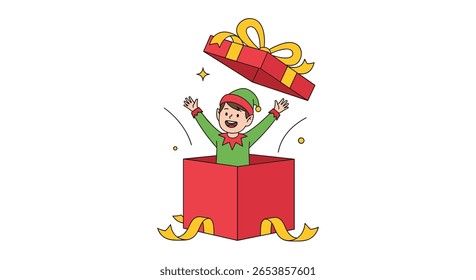 Delighted elf pops out of a bright red gift box celebrating the holiday season with joyful excitement