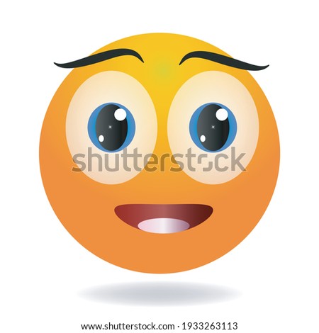 Delighted emoji. Yellow funny face. Round character with big eyes. Delight cartoon human emotion. 