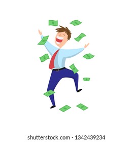 Delighted, excited, happy businessman jumping in the money rain