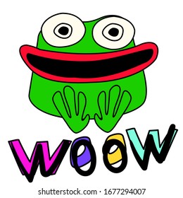 A delighted happy frog. The word "Woow" with an emotion of delight. Character with mouth open in a smile. Green contented toad on a white background. Vector color character for stickers, logo, print.