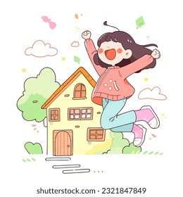 A delighted home character is shown in an excited image jumping with anticipation