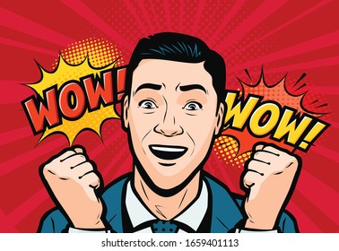 Delighted man or businessman. Retro comic pop art vector illustration