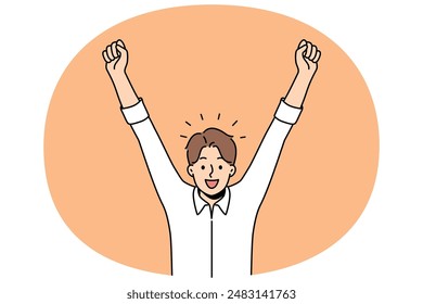 Delighted man celebrates victory by raising hands up and rejoicing in career achievements or end working day. Business man shouts with smile and is delighted with amazing news promising income growth