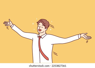 Delighted man in shirt and tie waving arms to sides and shouting with happiness rejoicing at success in work. Satisfied manager guy is excited to hear about career promotion. Flat vector design 