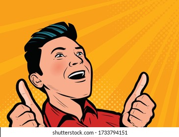 Delighted man. Success retro comic pop art vector illustration