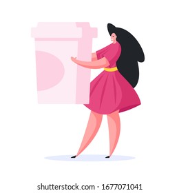 Delighted modern female in stylish bright dress smiling and carrying large takeaway cup of beverage. Flat cartoon character vector illustration isolated on white background
