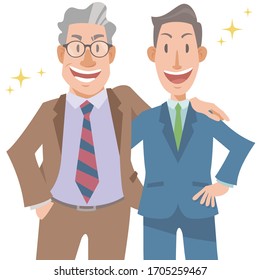Delighted two businessman. Blessing each other's success. Boss and young office worker. Vector illustration in flat cartoon style.