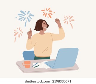 Una mujer iluminada baila en el lugar de trabajo, celebrando el éxito. Expresión feliz. Triunfo, concepto vectorial. Ilustración vectorial plana.