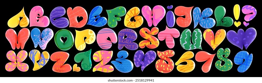  A delightful 3D candy font, bursting with color and playfulness. These inflated, bubble-like letters are perfect for children's content, cartoons, or any design that needs a fun, sweet touch.