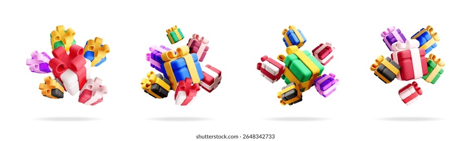 Una deliciosa colección de conjunto de Ilustraciones vectoriales en 3D de coloridos grupos de cajas de regalo flotando en diferentes arreglos para diseños festivos.