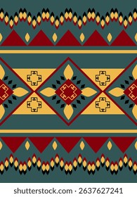 Delightful Abstract Geometric Florals with Ethnic Tribal Detailed Ornament On Dark Green Background. Royal Luxury Ethnic Motif Wealth Style for Border Pattern Ayurveda Embroidery Interior Yellow Red 