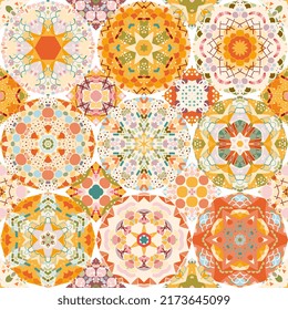 Delightful abstract ornament with stylized mandalas in orange colors. Seamless print for fabric, wallpaper, ceramic tiles, scarf, napkin.