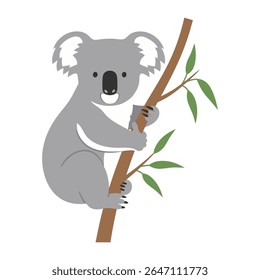 A delightful and adorable cartoon vector illustration of a happy koala clinging to a tree branch with eucalyptus leaves. Perfect for representing Australian wildlife, nature themes.
