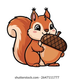 A delightful and adorable cartoon vector illustration of a happy squirrel holding a large acorn. Perfect for representing wildlife, nature themes, autumn designs, and playful branding.
