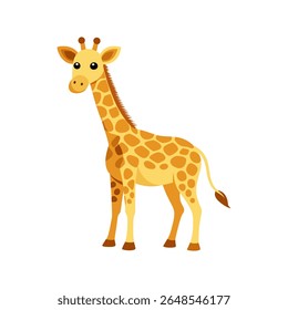 A delightful and adorable cartoon vector illustration of a full-body giraffe with its iconic spots and long neck. Perfect for representing safari wildlife, children's designs, and playful branding.