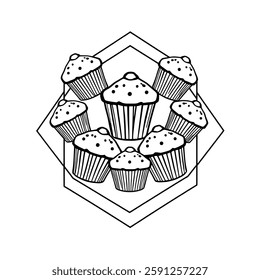 A delightful arrangement of cupcakes meticulously drawn in black and white encircled by a geometric hexagon. This image is perfect for bakeries cafes and food blogs.