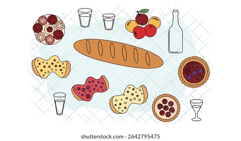 Um delicioso arranjo de doces, frutas e pães exibidos em um pano de fundo de piquenique