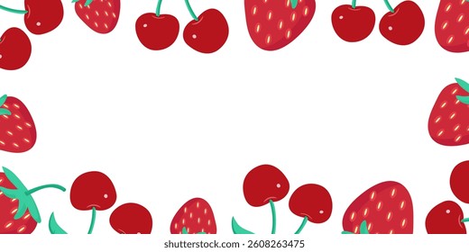 A delightful arrangement of strawberries and cherries creating a charming fruit border design. A vibrant, colorful fruit border featuring fresh strawberries and cherries arranged against a white backg