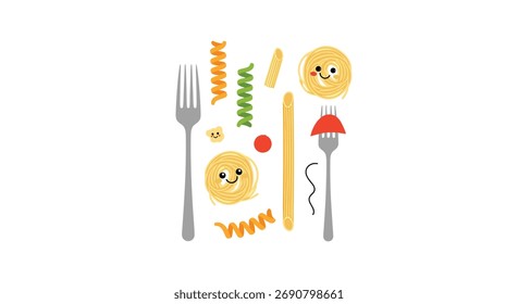A delightful arrangement of various pasta shapes and forks creating a playful culinary scene.